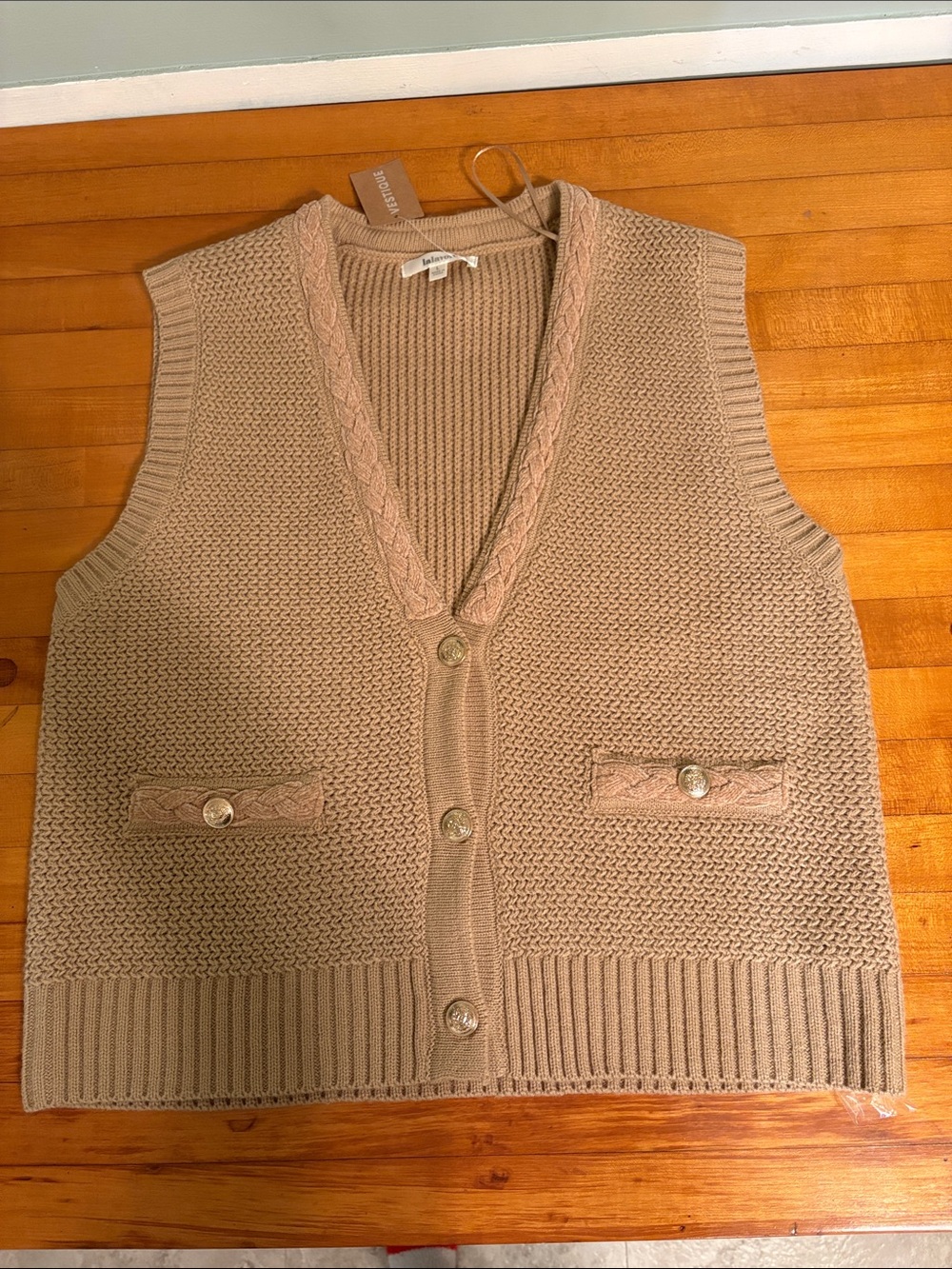 Beige Cable-Trim V-Neck Knit Vest